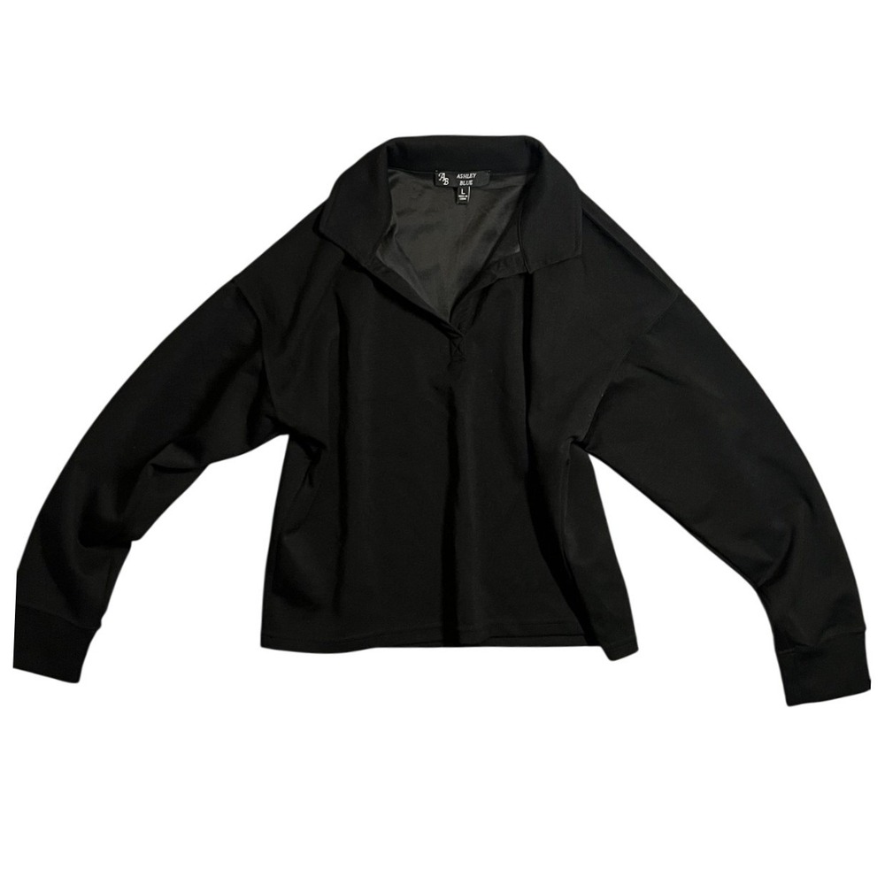 Ashley Blue Women's Size L Black Long Sleeve Polo Collar Pullover Top